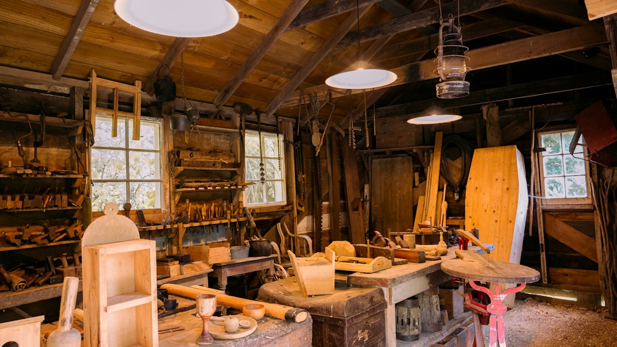 Maker workshop with exposed wood framing