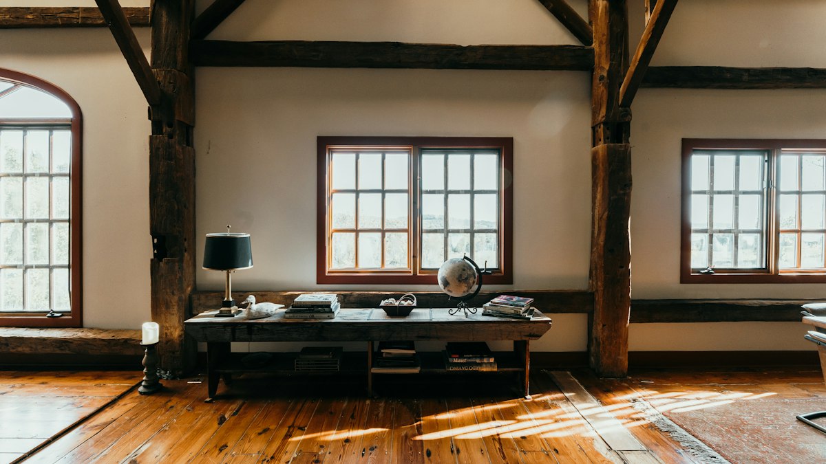 Loft office with heavy timber posts and beams